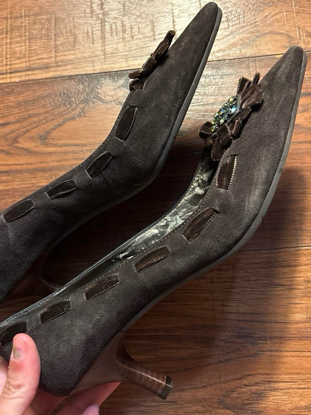 Brown Suede Kitten Heels W Green Gem Embellishment by Talbots - Picture 8 of 8